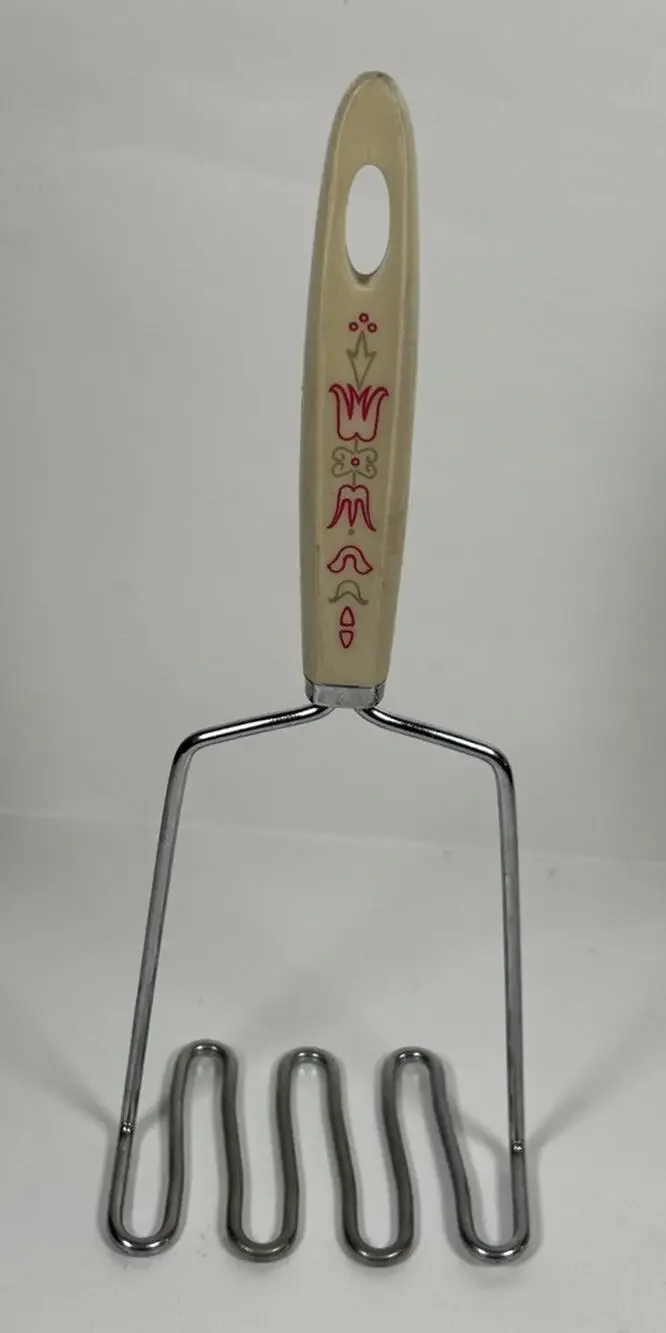 CUTE VTG Androck Stainless USA potato masher floral tan pink Cottagecore RARE
